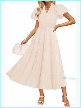 Maxi Dress Puff Short Sleeve V Neck Ruffle Tiered Flowy Boho Beach